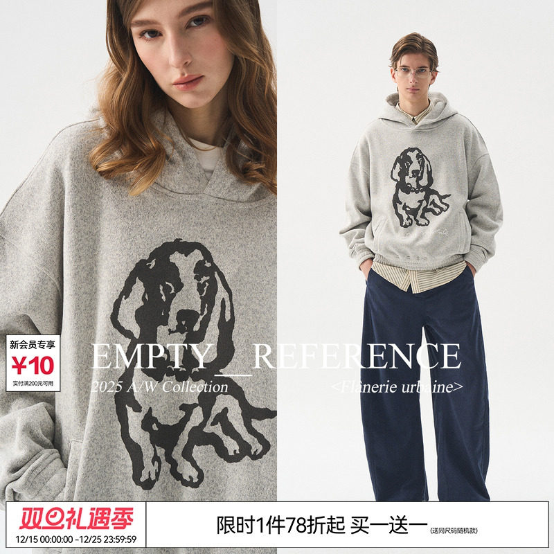 EMPTY REFERENCE 编织质感麻灰手绘小狗印花上衣宽松长袖连帽卫衣