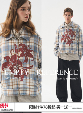 EMPTY REFERENCE 蓝棕格纹毛呢花朵印花宽松拉链翻领格子夹克外套