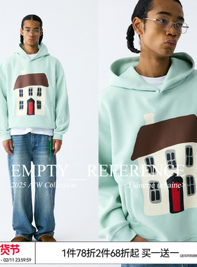 EMPTY REFERENCE薄荷绿手绘童话房子印花宽松长袖重磅连帽卫衣