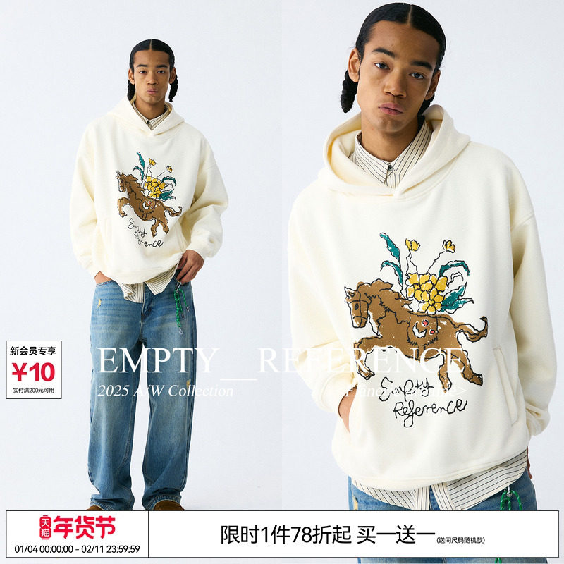 EMPTY REFERENCE小马与花朵手绘印花杏色宽松休闲重磅连帽卫衣