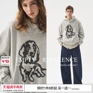 连帽卫衣 编织质感麻灰手绘小狗印花上衣宽松长袖 EMPTY REFERENCE