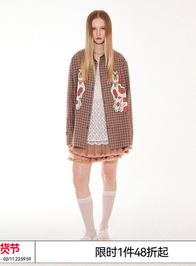 特惠6折起 EMPTY REFERENCE美式复古手绘斑点狗印花格子长袖衬衫