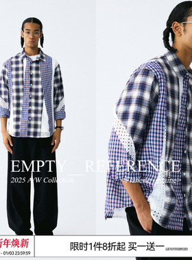 EMPTY REFERENCE结构分割肌理格纹蕾丝拼接宽松衬衣休闲长袖衬衫