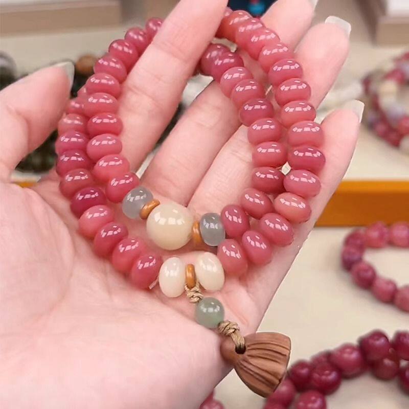 银坊胭脂红菩提根新中式双圈手持手串女抖音爆款算盘珠双圈手链