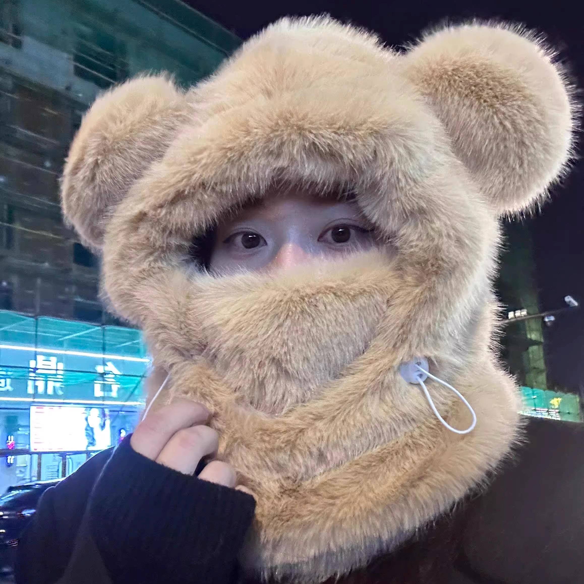 可爱小熊毛绒帽子围巾一体女冬季保暖防寒防风口罩骑行护耳雷锋帽