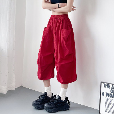 大码宽松胖mm夏季七分阔腿裤女冰丝防晒速干跳舞运动轻薄工装短裤