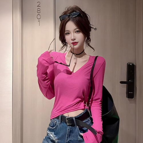 纯欲风辣妹V领纯色长袖T恤女2026夏季轻薄款修身时尚百搭防晒上衣