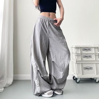 大码轻薄蕾丝拖地阔腿裤女夏季胖ｍｍ冰丝速干空调凉感运动工装裤