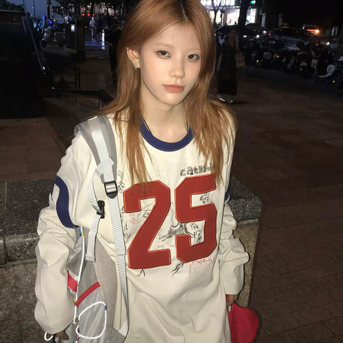 美式复古宽松撞色字母重工刺绣长袖T恤女潮牌设计感小众运动上衣