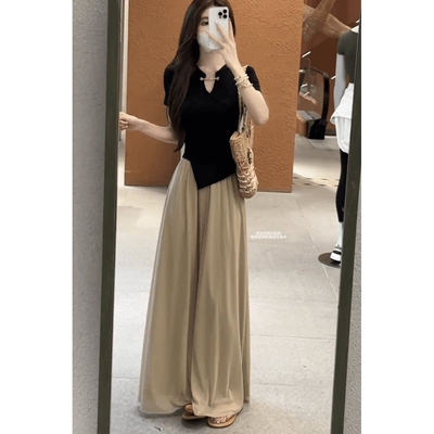 2026夏季新款新中式不规则短袖上衣女搭显瘦休闲阔腿裤女装两件套