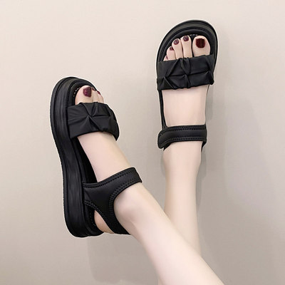 魔术贴凉鞋女款2026夏新款外穿时尚沙滩鞋仙女风配裙子厚底罗马鞋