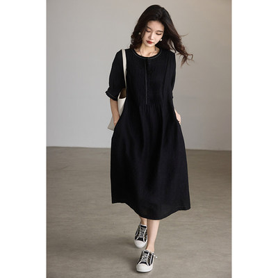 素木时尚提花黑色连衣裙女2026年夏季新款气质长裙欧洲站大码女装