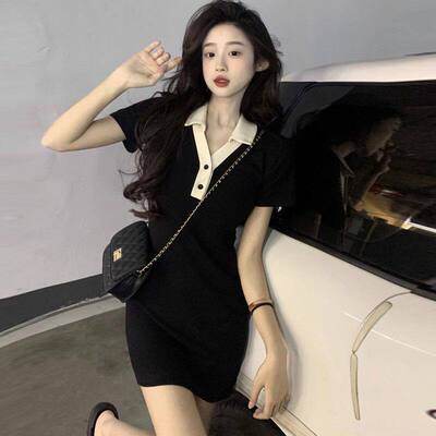 黑色正肩甜辣polo领连衣裙女夏季收腰显瘦包臀短裙辣妹紧身T恤裙
