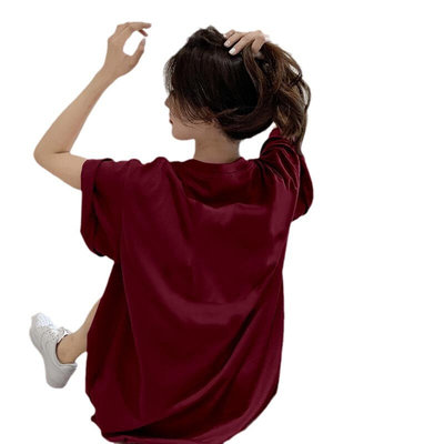 hiphop韩系潮牌t恤短袖女夏季大码纯棉减龄ins美式小众酒红色上衣
