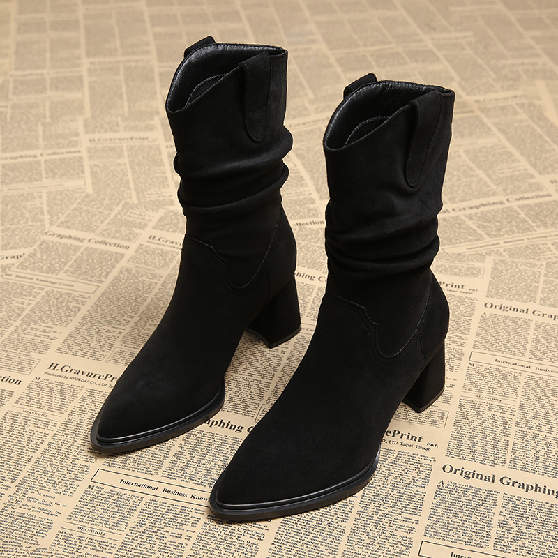 早秋美拉德西部牛仔短靴女2025秋冬款秋高跟瘦瘦堆堆中筒靴1118z