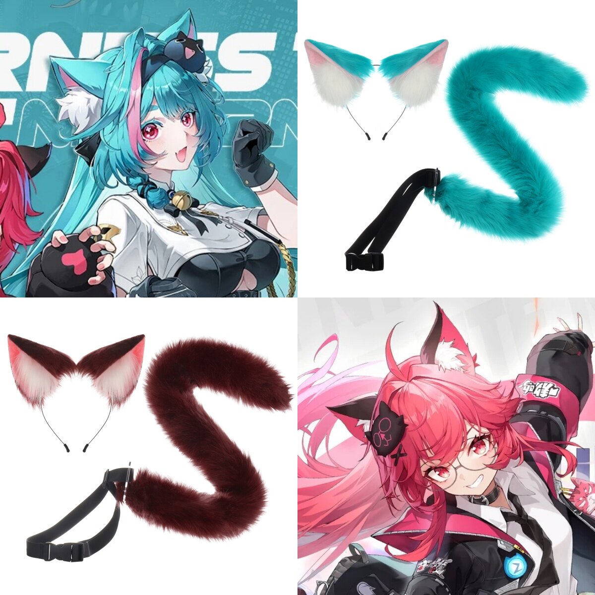 手作异环薄荷猫耳猫尾套装COS异环娜 娜莉红色猫咪发箍兽尾套装