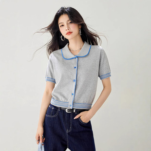 polo衫 2025夏季 小个子撞色明线翻领设计感针织T恤女短袖 新款 韩版