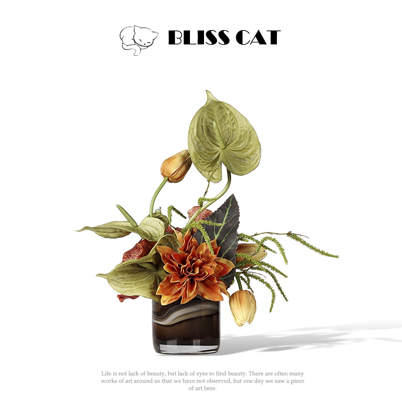 轻奢艺术咖色玻璃小花瓶插花酒店售楼处茶几洽谈桌花艺小桌花摆件