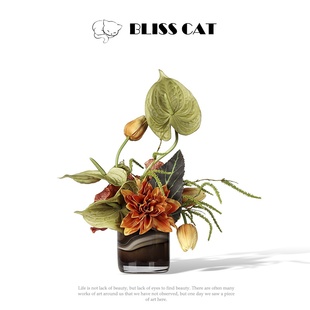 轻奢艺术咖色玻璃小花瓶插花酒店售楼处茶几洽谈桌花艺小桌花摆件