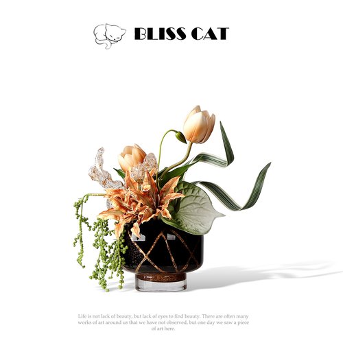 法式轻奢黑金玻璃花瓶插花售楼处会所客厅茶几桌面花艺高级感摆件