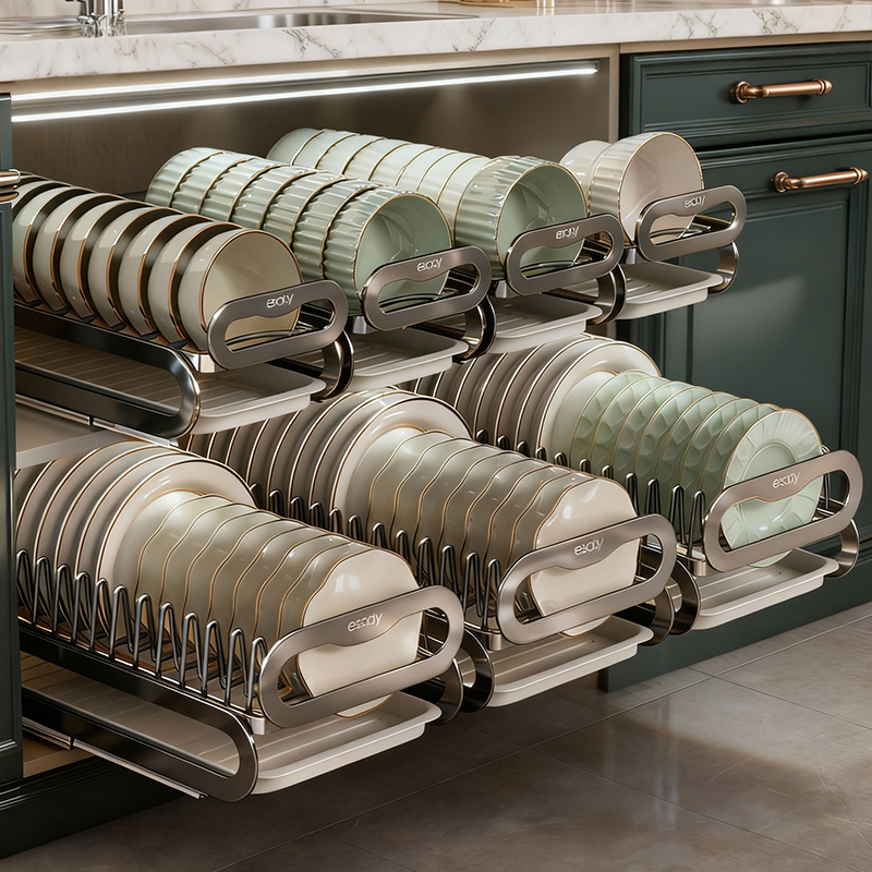 厨房橱柜下碗架抽拉沥水收纳架多层碗盘置物架抽屉内置碗碟架拉篮