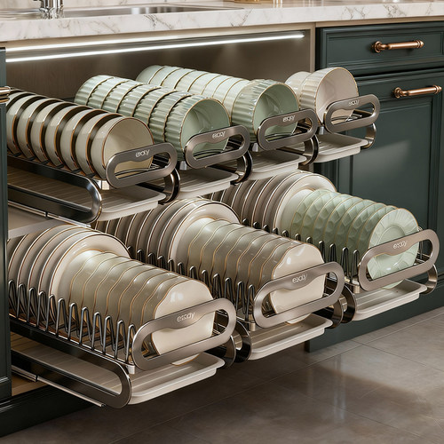 厨房橱柜下碗架抽拉沥水收纳架多层碗盘置物架抽屉内置碗碟架拉篮