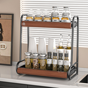 中古风厨房置物架榉木实木调料架台面双层多功能调味料品罐收纳架