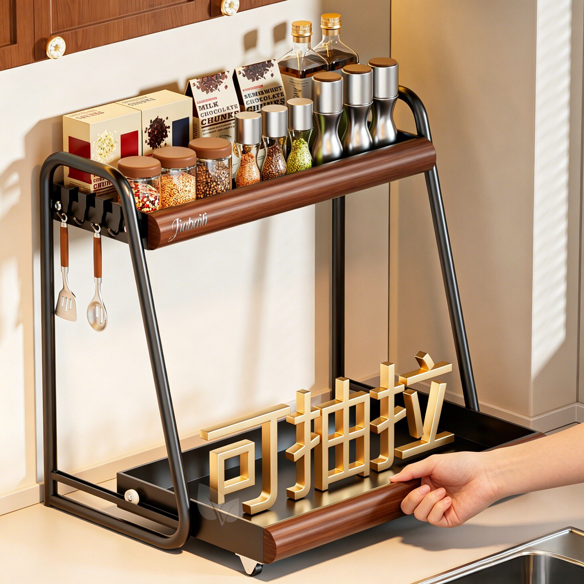 2026新款抽拉式厨房调料品置物架多功能台面调料瓶罐双层收纳架