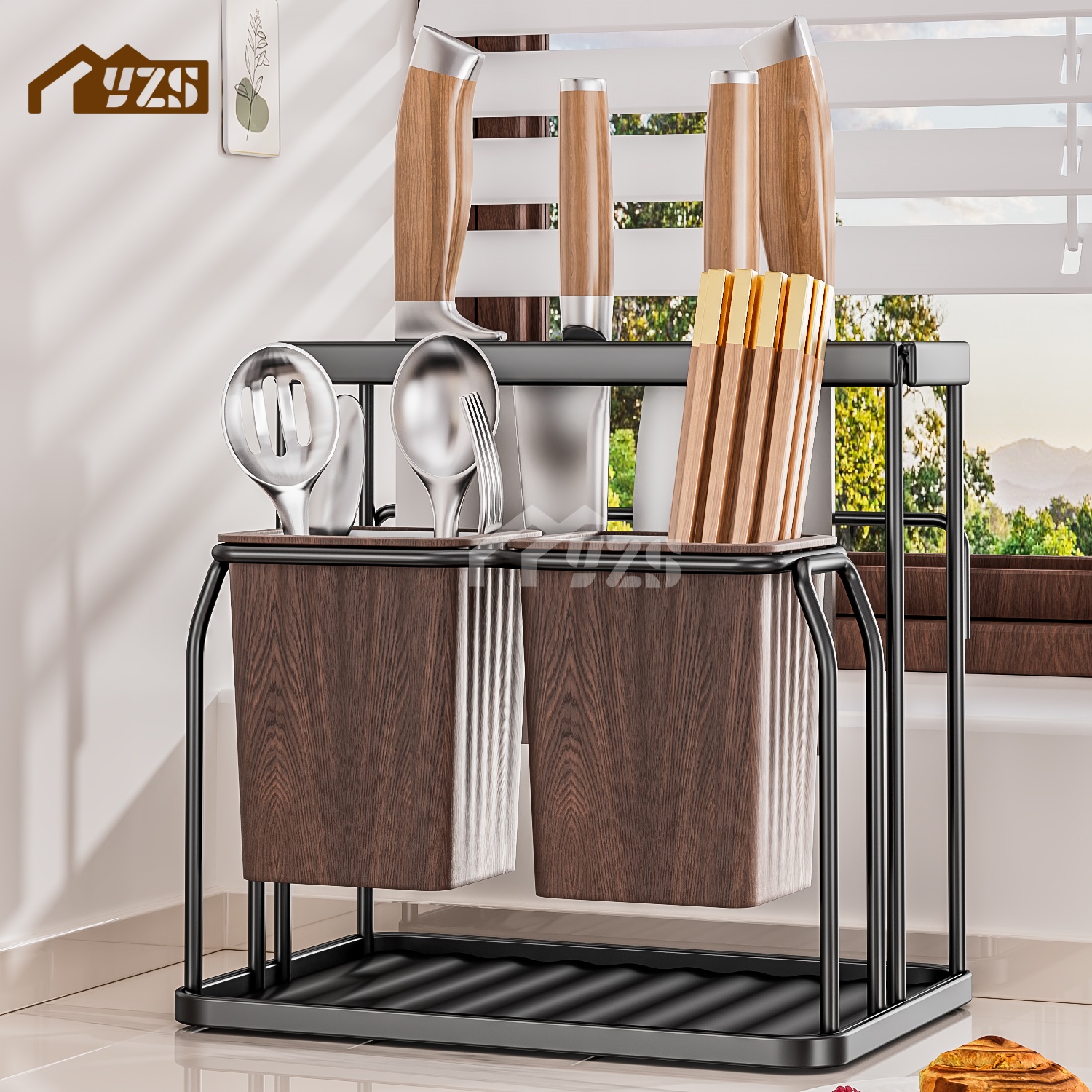 輕奢中古風(fēng)刀具筷子瀝水筒家用廚房臺(tái)面餐具勺子收納筒防霉筷子籠