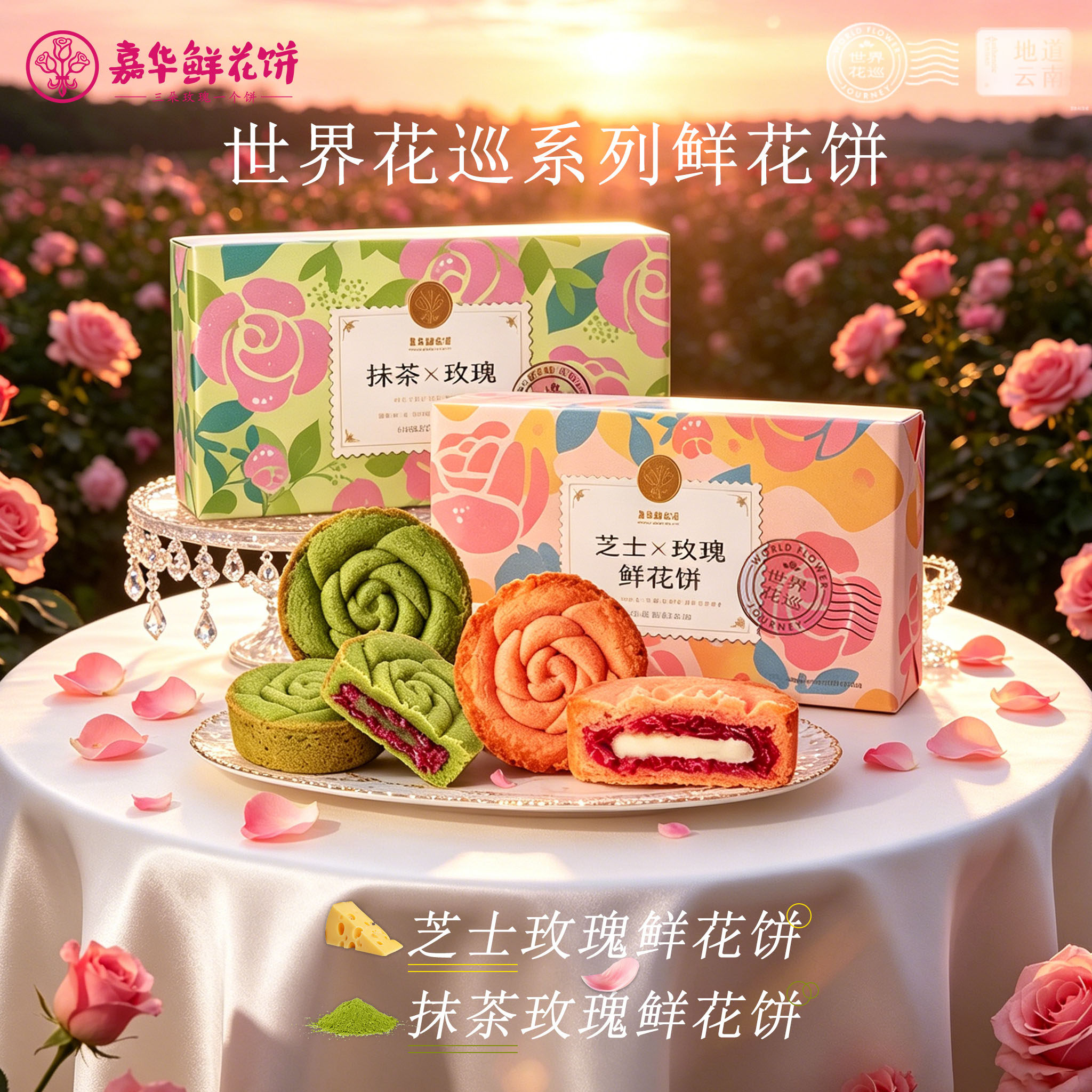 嘉华鲜花饼世界花巡系列抹茶玫瑰芝士玫瑰盒装零食云南特产糕点心