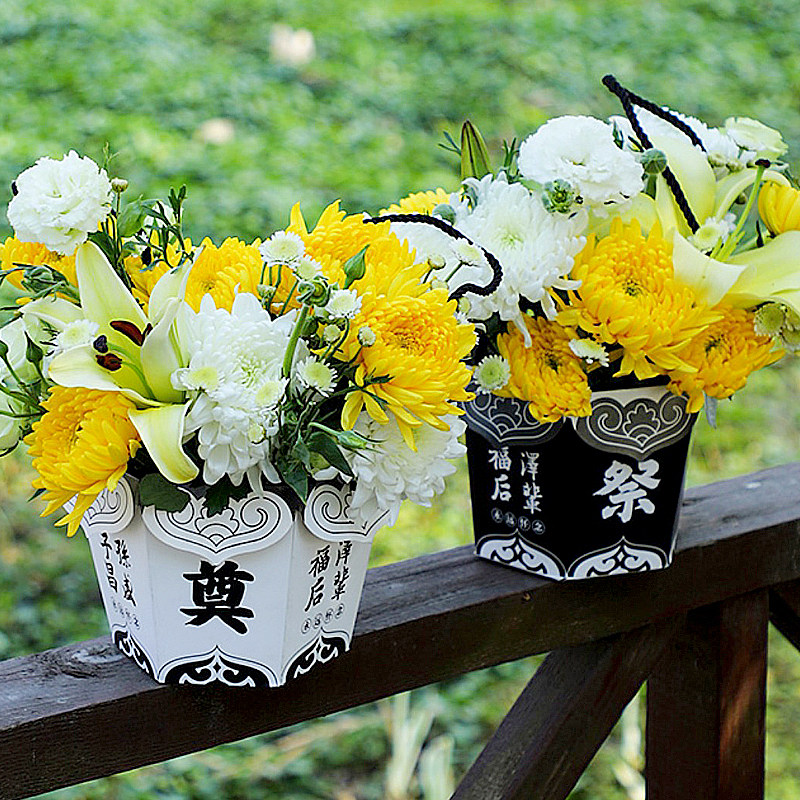 清明节菊花插花盒祭祀上坟手提六角花盒鲜花包装礼盒祭奠用品材料