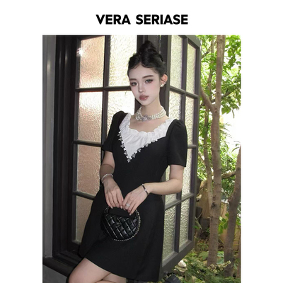 【Vera Seriase设计师品牌】春季新款修身黑色撞色短袖连衣裙