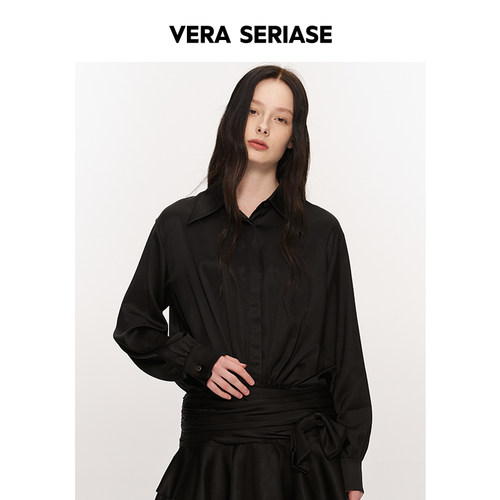 【Vera Seriase设计师品牌】夏季新款时尚黑色长袖衬衫连衣裙