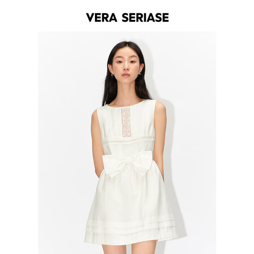 【Vera Seriase设计师品牌】夏季新款白色蝴蝶结无袖连衣裙