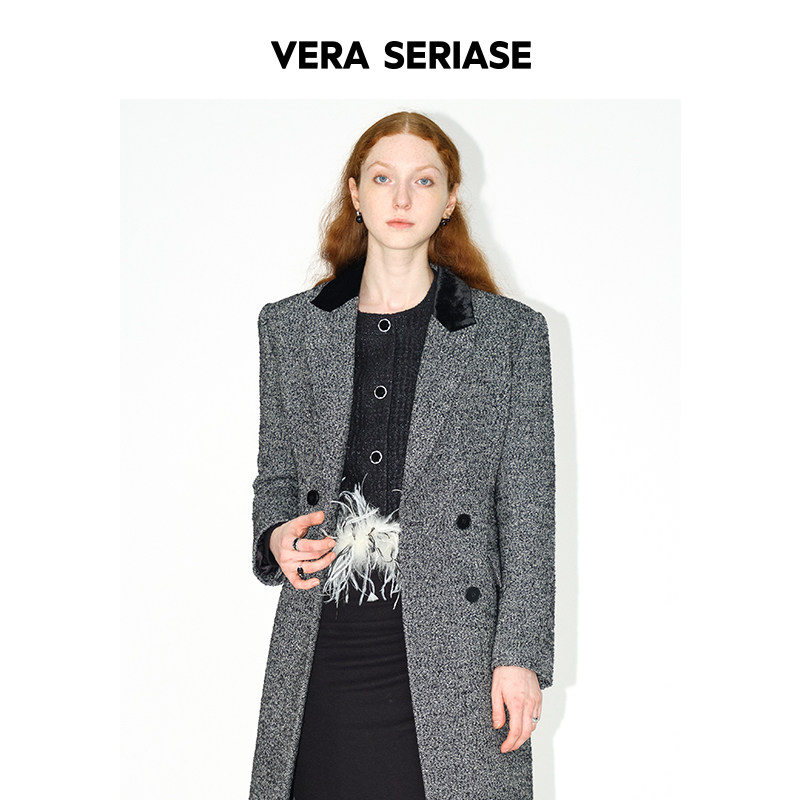 【Vera Seriase设计师品牌】2025冬季新款修身花灰西装领长款大衣