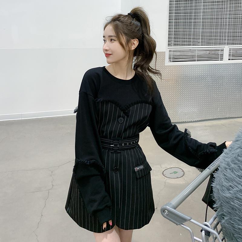 实拍假两件条纹西装裙女小个子2025春新款收腰高级感赫本风连衣裙