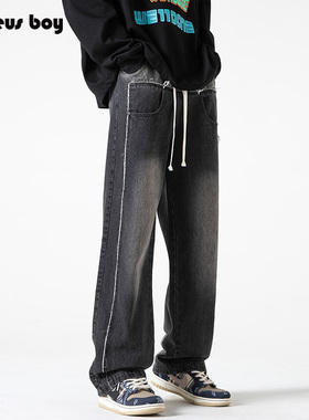 ProteusBoy 复古侧边拼接直筒抽绳磨边做旧牛仔长裤 23PBXK66608