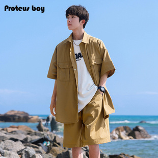 复古工装 男款 ProteusBoy短袖 美式 夏季 男士 凉感休闲短裤 衬衫 一套装