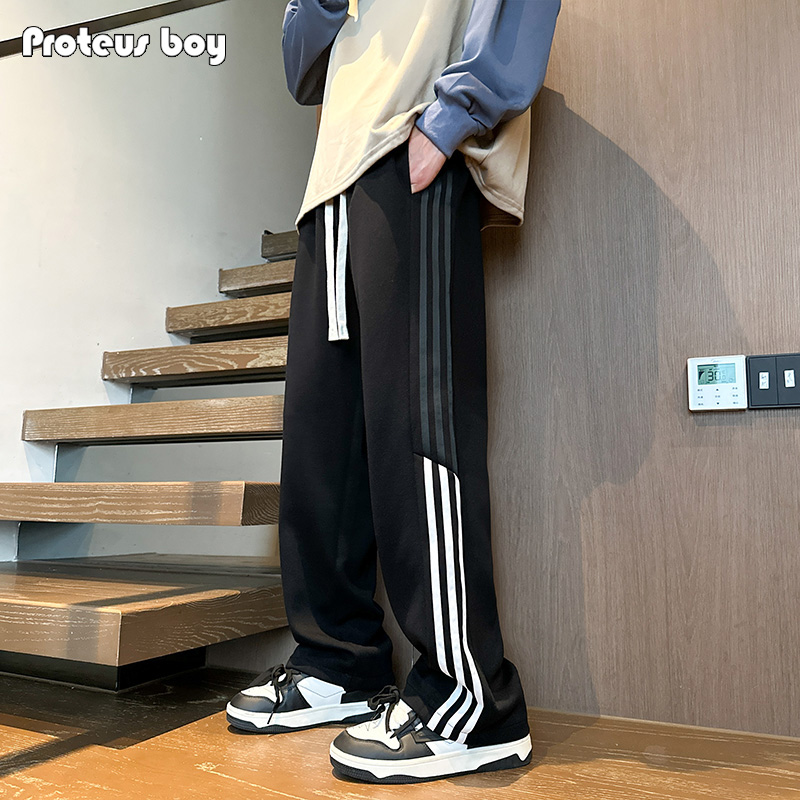 ProteusBoy裤子男款春秋冬季美式三条杠条纹直筒抽绳休闲运动卫裤
