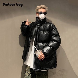 ProteusBoy棉服男冬季美式痞帅亮面水洗PU皮保暖立领面包服厚外套