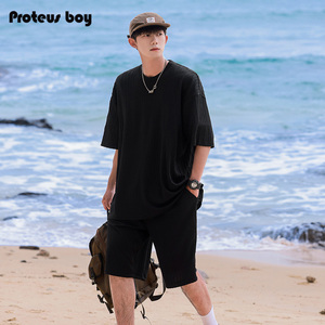 ProteusBoy短袖t恤男夏季男士纯色冰感透气圆领运动休闲短裤套装T