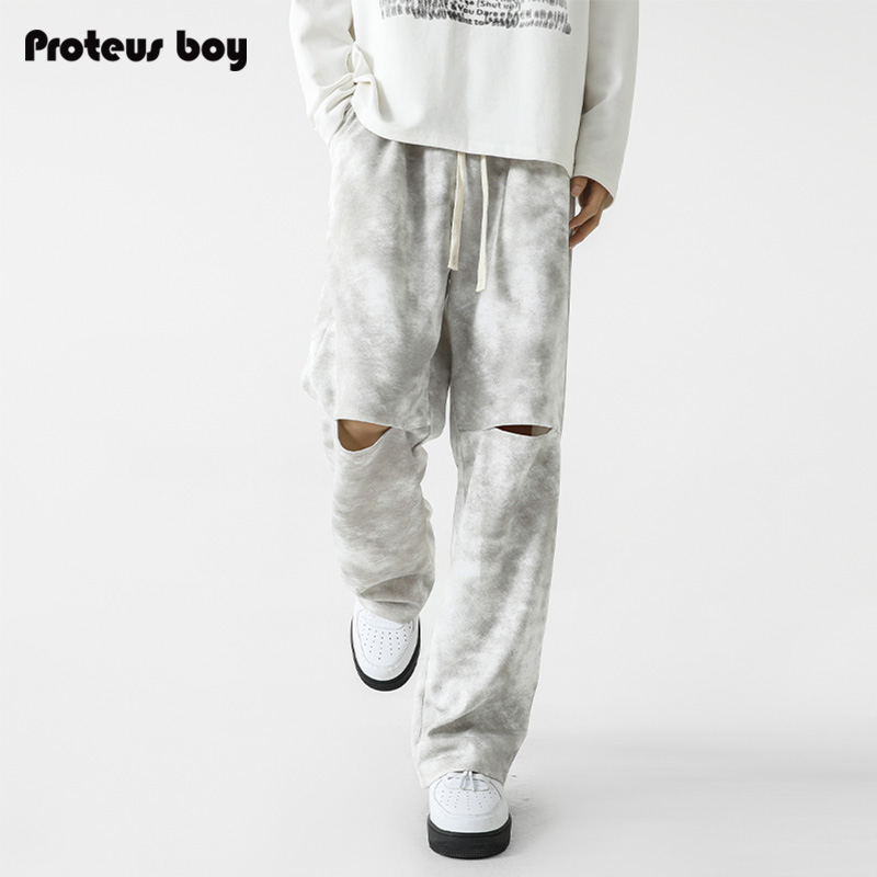 ProteusBoy裤子男款春秋冬季美式复古扎染割破直筒宽松休闲脏脏裤