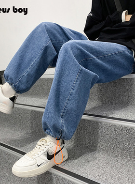 ProteusBoy牛仔裤男款冬季春秋男生加厚绒宽松直筒抽绳束脚休闲裤