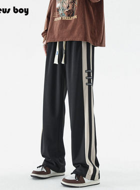 ProteusBoy裤子男款春秋冬季2025新美式条纹直筒运动休闲加绒长裤