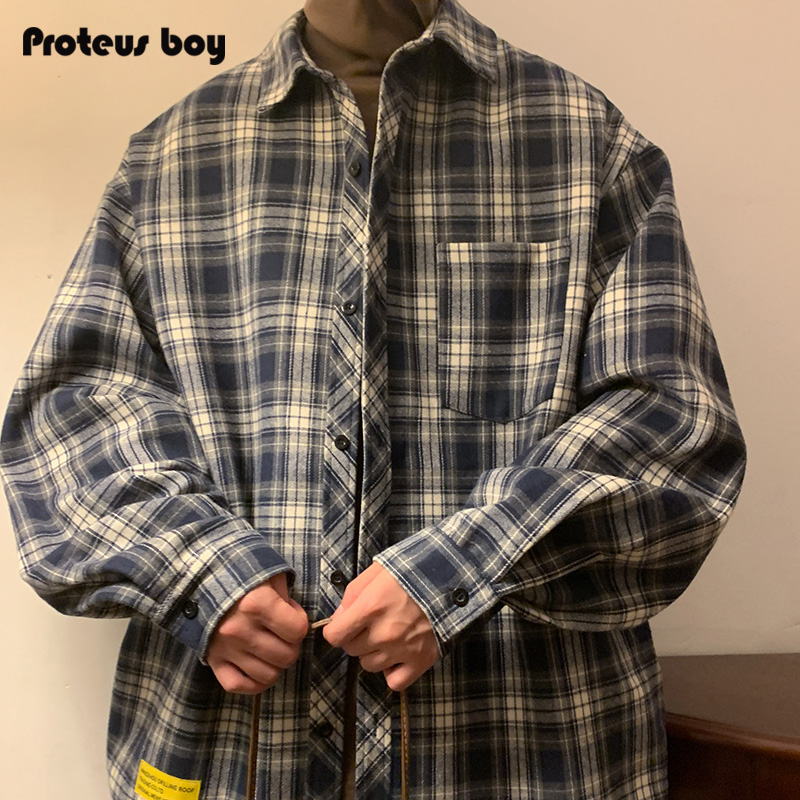ProteusBoy 美式复古学院风口袋格子内搭外套翻领纽扣长袖衬衫 58
