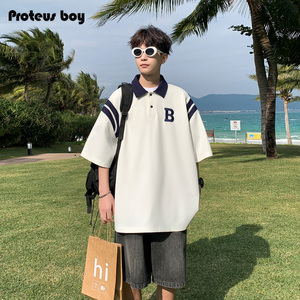 ProteusBoy短袖polo衫男夏季新款男士美式撞色条纹运动休闲T恤装