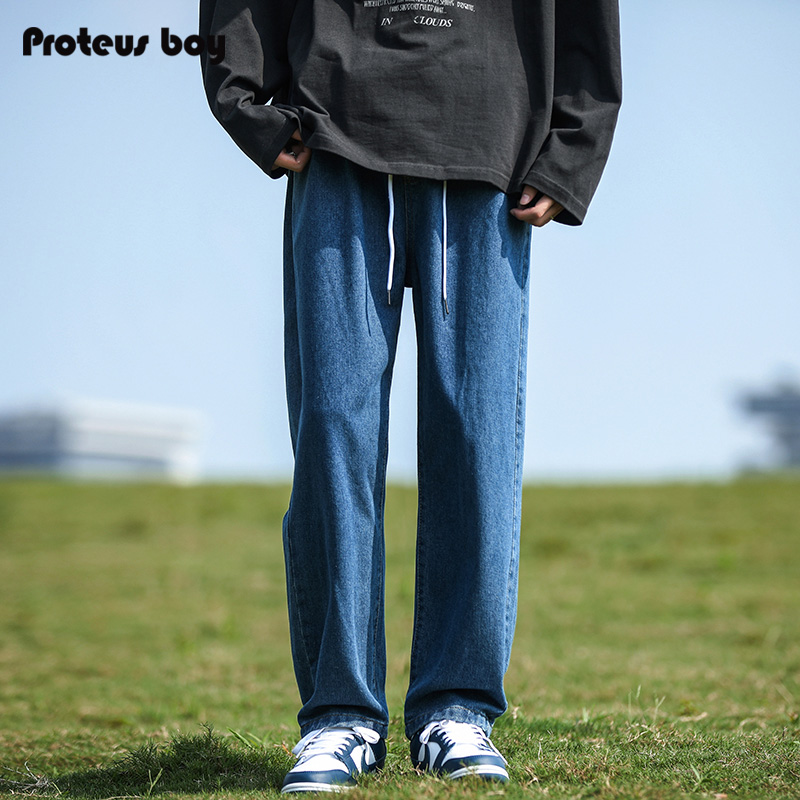 ProteusBoy牛仔裤男款秋冬季男生做旧水洗蓝宽松直筒抽绳休闲裤子