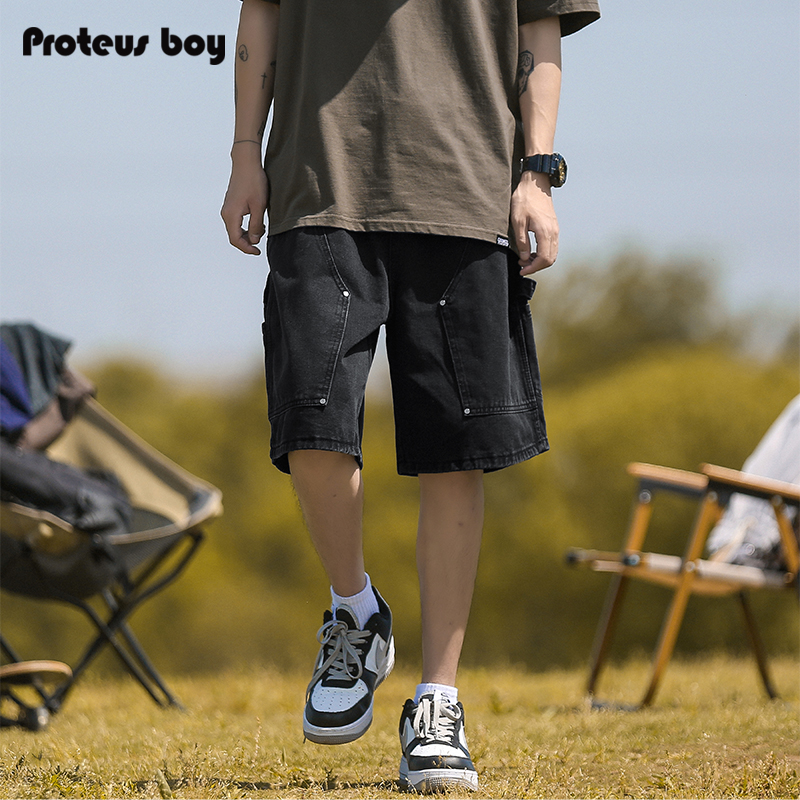 ProteusBoy牛仔短裤男夏季美式撞钉水洗户外运动直筒休闲五分裤子