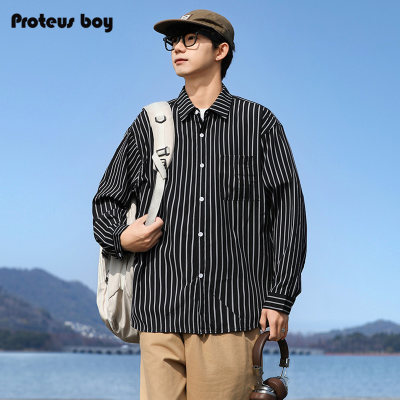ProteusBoy美式百搭条纹户外运动衬衣外套翻领纽扣长袖衬衫 S950
