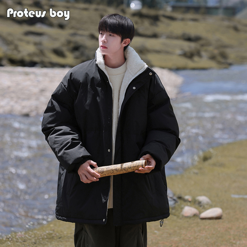 ProteusBoy棉服男款冬季男士纯色羊羔绒保暖宽松立领加厚棉衣外套